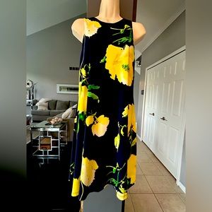 ANNE KLEIN - Navy Blue/Yellow Floral Print Asymmetrical Sleeveless Dress…
